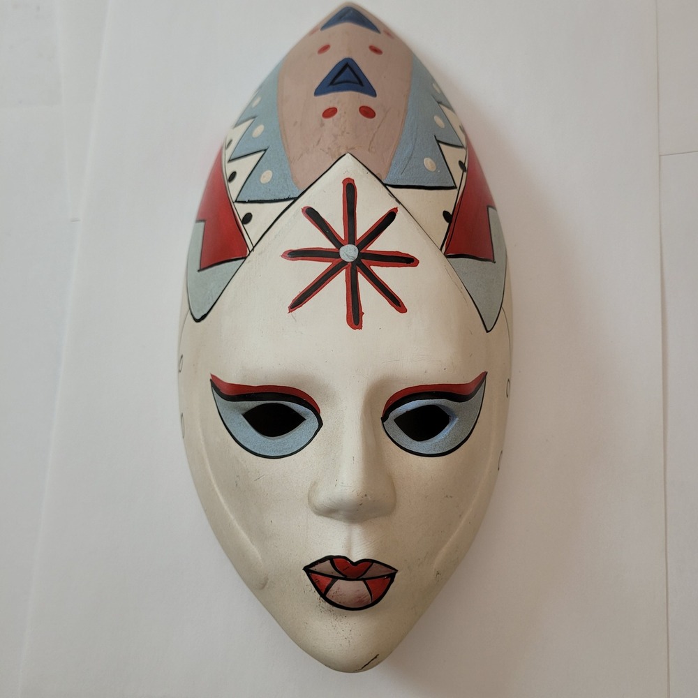 Unique Ceramic Wall Mask Vintage Hand Painted Geometric Harlequin 9in Southwest